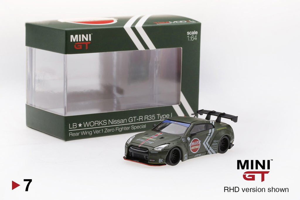 Mini GT Nissan GT-R R35 Type 1 Rear Wing "Zero Fighter" LBWK Matte Green MGT00007-R 1/64 Diecast car