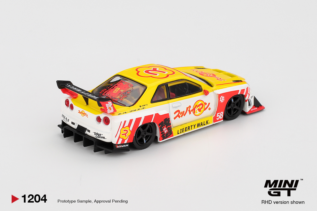 Mini GT 1:64 Nissan LB-ER34 Super Silhouette SKYLINE Suppaiman Okinawa Yellow MGT01204-R
