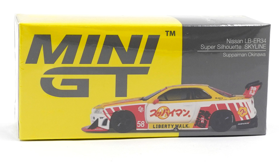 Mini GT 1:64 Nissan LB-ER34 Super Silhouette SKYLINE Suppaiman Okinawa Yellow MGT01204-R