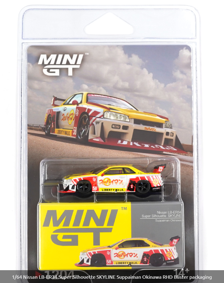 Mini GT 1:64 Nissan LB-ER34 Super Silhouette SKYLINE Suppaiman Okinawa Yellow MGT01204-R