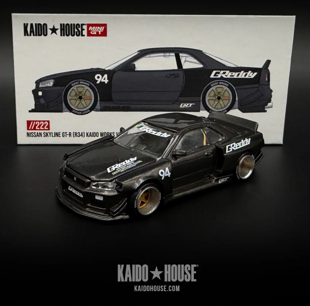Kaido House x Mini GT 1:64 Nissan Skyline GT-R R34 GReddy V2 (Black Edition) JDM Diecast Kaido GT KHMG222